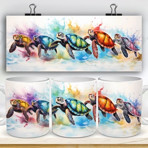 May include: A set of three white ceramic mugs featuring colourful watercolour designs of sea turtles swimming in a wave. Each mug depicts a different coloured turtle, including yellow, blue, green, orange, and purple.