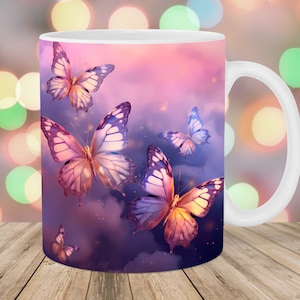 Pink Purple Butterflies Mug Wrap, 11oz And 15oz Mug Template, Mug Sublimation Design, Mug Wrap Template, Instant Digital Download PNG