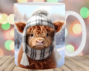 3D Highland Cow Christmas Mug Wrap, 11oz And 15oz Mug Template, Mug Sublimation Design, Mug Wrap Template, Instant Digital Download PNG