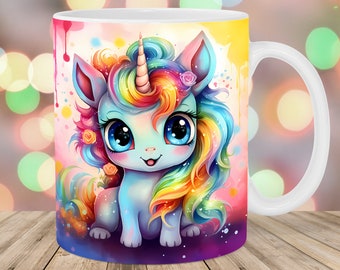 Colorful Neon Baby Unicorn Mug Wrap, 11oz And 15oz Mug Template, Mug Sublimation Design, Mug Wrap Template, Instant Digital Download PNG