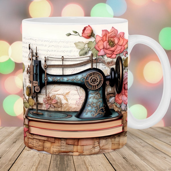 3D Sewing Machine Mug Wrap, 11oz & 15oz Mug Template, Vintage Mug Sublimation Design, Mug Wrap Template, Instant Digital Download PNG