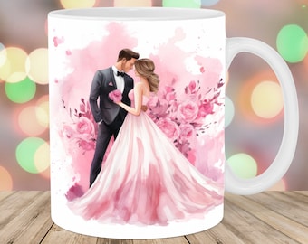 Adesivo para caneca com estampa de casal de noivos em aquarela, modelo para canecas de 325ml e 445ml, design para sublimação, estampa floral, download digital instantâneo em PNG.