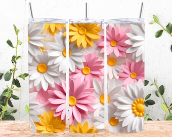 3D White Yellow Pink Daisies Flowers 20 oz Skinny Tumbler Sublimation Design, Straight & Tapered Tumbler Wrap, Instant Digital Download PNG