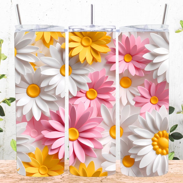 3D White Yellow Pink Daisies Seamless 20 oz Skinny Tumbler Sublimation Design, Straight & Tapered Tumbler Wrap, Instant Digital Download PNG