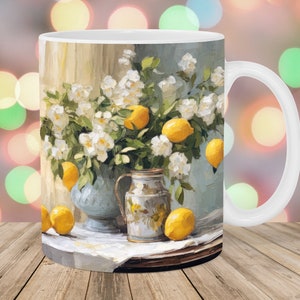 Lemon Flowers Mug Wrap, 11oz & 15oz Mug Template, Painting Mug Sublimation Design, Vintage Mug Wrap Template, Instant Digital Download PNG
