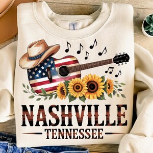 Nashville, Tennessee (PNG), Diseño de sublimación, Guitarra americana (PNG), Música country (PNG), Girasol (PNG), Diseño de camiseta, Descarga instantánea (PNG), DTF