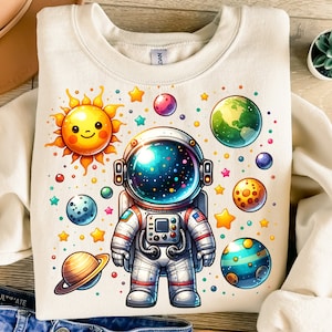 Astronaut Png, Sublimation Design, Cartoon Space Png, Colorful Planets Png, T-Shirt Design, Sweatshirt Png, Digital Download Png, DTF