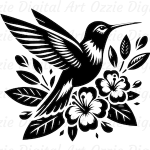 Puede incluir: Silueta en blanco y negro de un colibrí con las alas extendidas, posado en una rama con dos flores blancas. El colibrí está mirando hacia la derecha y tiene un pico largo.