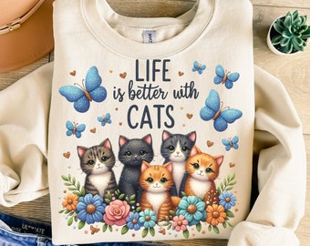 Life Is Better With Cats Png, Sublimation Design, Cat Clipart, Kitten Digital Image, Butterfly Png, T-Shirt Design, Instant Download Png
