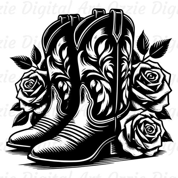 Cowboy Boots With Roses Svg & Png, Western Clipart, Cowboy Boots Vector Image, Flowers Silhouette, Sublimation Design, Cowboy Boots Cut File