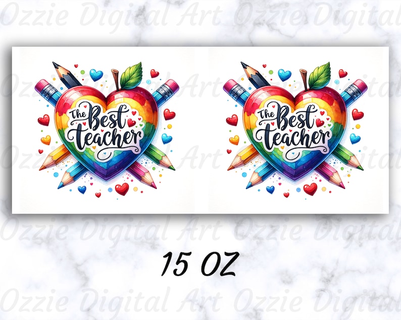 May include: A 15 ounce mug with a rainbow heart design and the text "The Best Teacher" surrounded by pencils and hearts.
