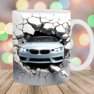 Buco per auto 3D in un involucro di tazza a muro, modello di tazza da 11 once e 15 once, design di sublimazione della tazza, modello di avvolgimento della tazza, download digitale istantaneo PNG