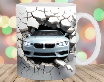3D Car Hole In A Wall Mug Wrap, 11oz & 15oz Mug Template, Mug Sublimation Design, Mug Wrap Template, Instant Digital Download PNG
