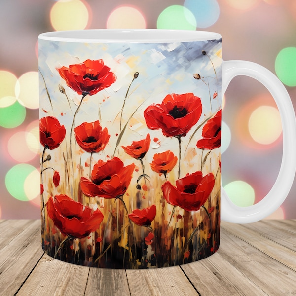 vintage Poppy Field Mug Wrap, 11oz et 15oz Mug Template, Mug Sublimation Design, Peinture Mug Wrap Template, Instant Digital Download PNG