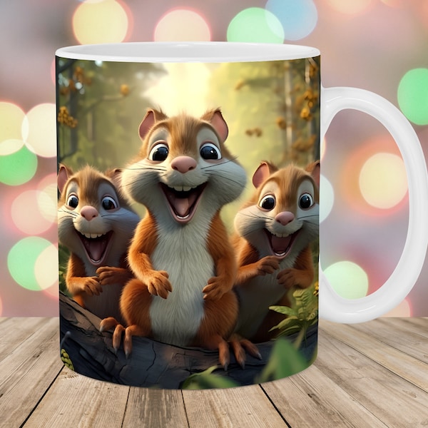 3D Funny Squirrels Mug Wrap, 11oz And 15oz Mug Template, Mug Sublimation Design, Mug Wrap Template, Instant Digital Download PNG