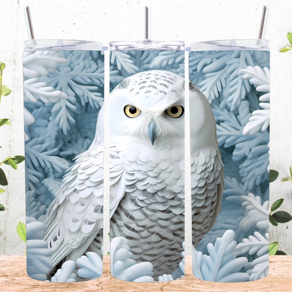 Harfang des neiges 3D 20 oz, design en sublimation de gobelet maigre, emballage de verre droit et fuselé, téléchargement numérique instantané PNG