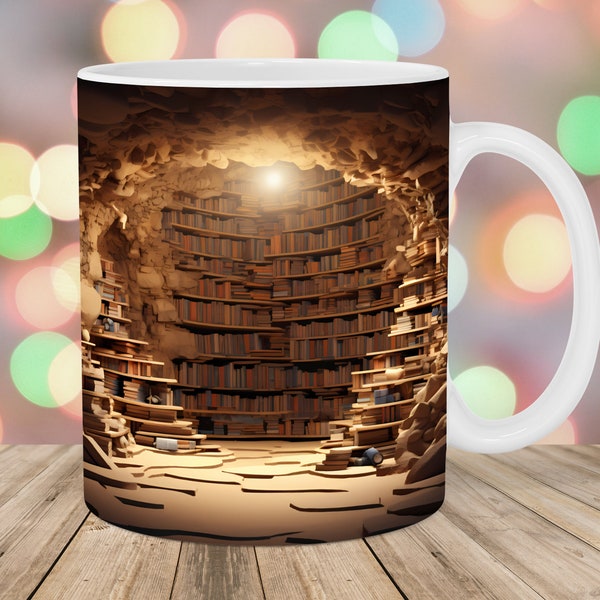 3D Bookshelves Hole In A Wall Mug Wrap, 11oz And 15oz Mug Template, Mug Sublimation Design, Mug Wrap Template, Instant Digital Download PNG