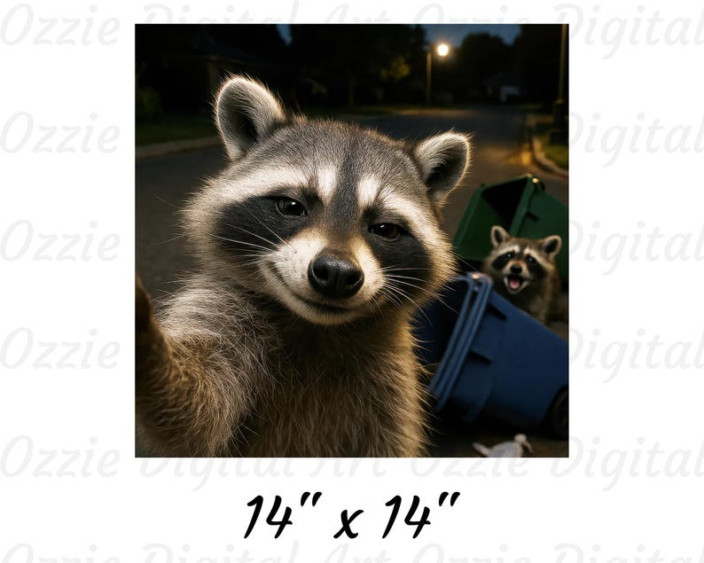 May include: A digital art print featuring a raccoon taking a selfie, with a second raccoon in the background near a blue trash bin. The print measures 14 x 14 inches.