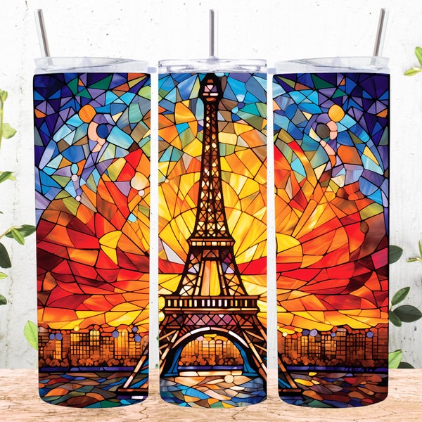 Colorful Stained Glass Eiffel Tower 20 oz Skinny Tumbler Sublimation Design, Straight And Tapered Tumbler Wrap, Instant Digital Download PNG