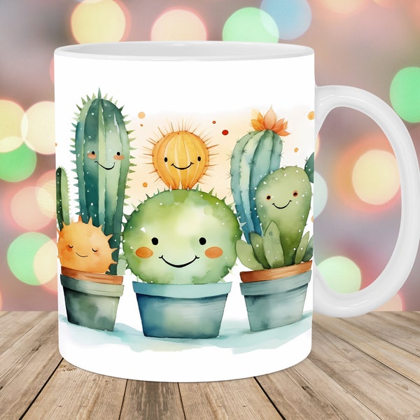 Kawaii Cactus Mug Wrap, 11oz And 15oz Mug Template, Mug Sublimation Design, Cute Mug Wrap Template, Instant Digital Download PNG