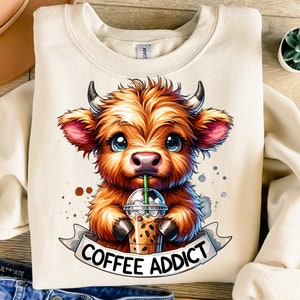 Cute Highland Cow Png, Sublimation Design, Coffee Addict Clipart, Cow Digital Image, Western Png, T-Shirt Design, Instant Download Png, DTF