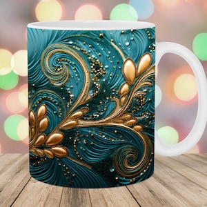 3D Green Gold Glitter Mug Wrap, 11oz And 15oz Mug Template, Mug Sublimation Design, Floral Mug Wrap Template, Instant Digital Download PNG