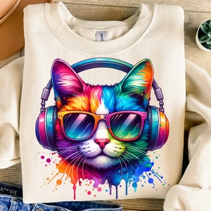 カラフルな猫 PNG、昇華デザイン、虹色の子猫 PNG、ヘッドフォン PNG、トレンディな PNG、T シャツ デザイン、インスタント デジタル ダウンロード PNG、DTF
