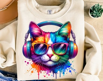 May include: A colorful cat wearing sunglasses and headphones. The cat is painted in a rainbow of colors with splashes of paint around it. The background is a light beige.