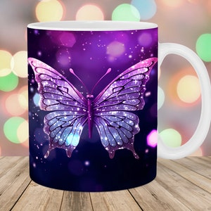 Glitter Purple Butterfly Mug Wrap, 11oz And 15oz Mug Template, Mug Sublimation Design, Mug Wrap Template, Instant Digital Download PNG