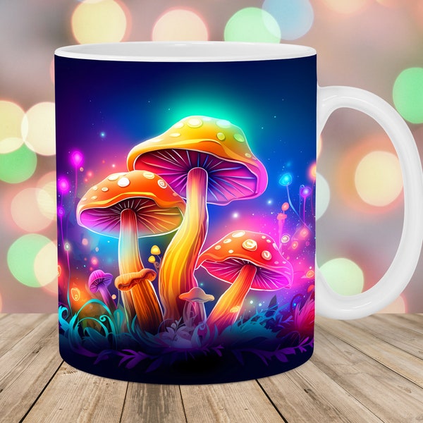 Neon Colorful Mushrooms Mug Wrap, 11oz And 15oz Mug Template, Mug Sublimation Design, Mug Wrap Template, Instant Digital Download PNG