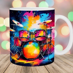 Colorful Neon Drums Mug Wrap, 11oz & 15oz Mug Template, Mug Sublimation Design, Mug Wrap Template, Instant Digital Download PNG