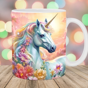 Regenbogen Einhorn Blumen Becherverpackung, 11 Unzen und 15 Unzen Bechervorlage, Becher Sublimationsdesign, Becherverpackung Vorlage, sofortiger digitaler Download PNG