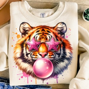 Tiger Blowing Bubble Png, Sublimation Design, Bubblegum Png, Retro Png, Pink Star Sunglasses Png, T-Shirt Design, Digital Download Png, DTF