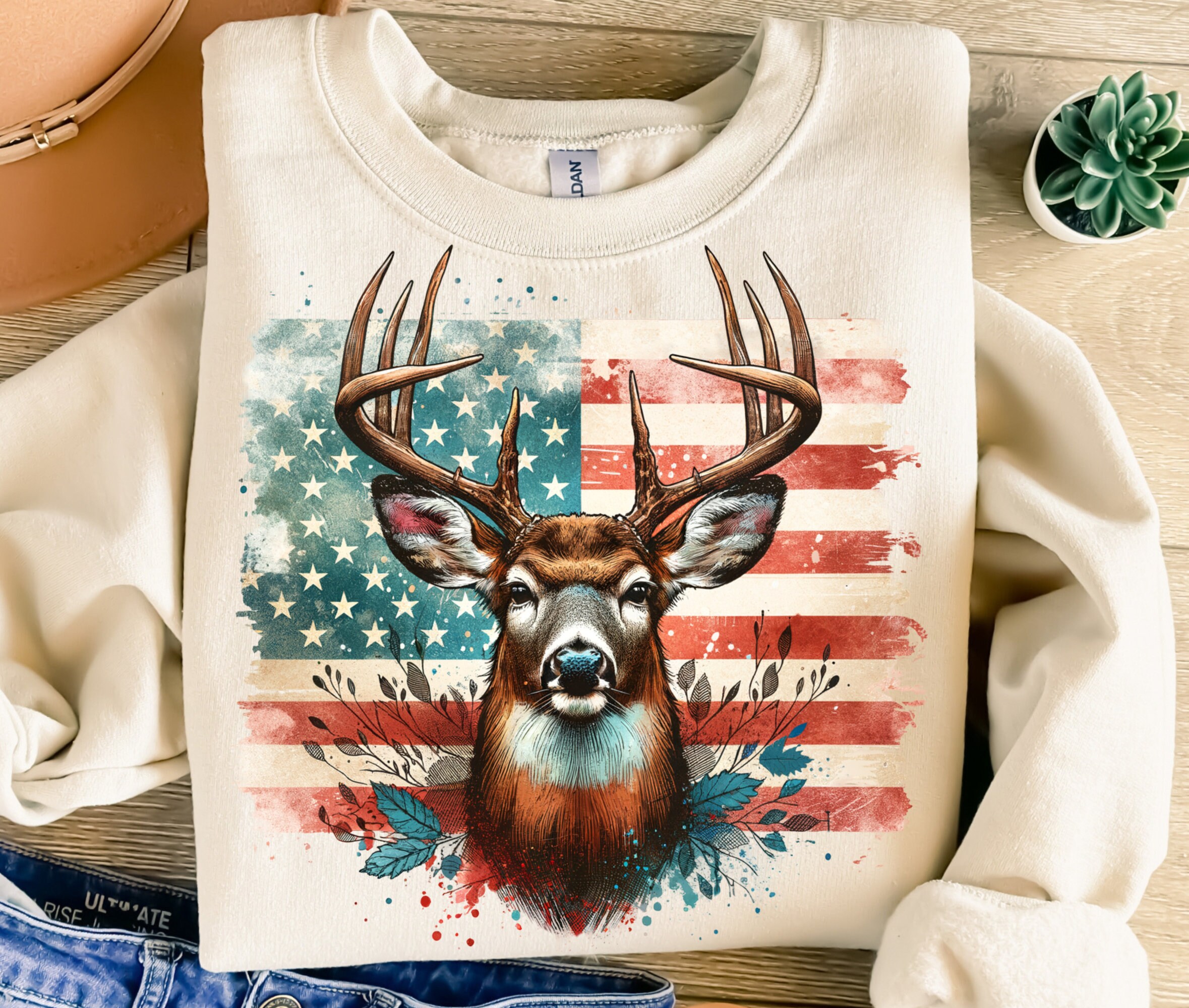 Beach Open Long Sleeve T-Shirt - American Flag & Deer Hunting Patriotic Design (Red, Medium)