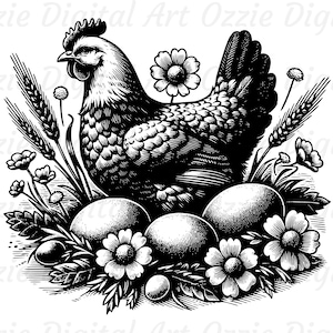 Chicken Svg & Png, Hen Clipart, Flower Vector Image, Chicken Silhouette, Rooster Svg, Chicken Eggs Svg, Sublimation Design, Bird Cut File