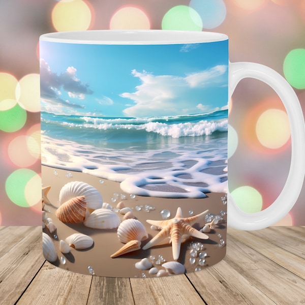 Seashells Beach Ocean Mug Wrap, 11oz And 15oz Mug Template, Mug Sublimation Design, Mug Wrap Template, Instant Digital Download PNG