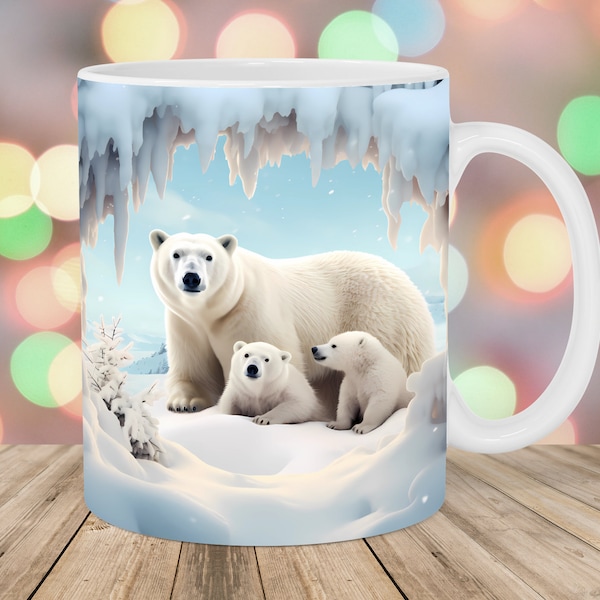 3D Polar Bear Hole In A Wall Mug Wrap, 11oz & 15oz Mug Template, Mug Sublimation Design, Mug Wrap Template, Instant Digital Download PNG