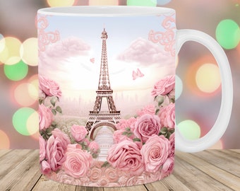 Eiffel Tower Mug Wrap, 11oz And 15oz Mug Template, Flowers Mug Sublimation Design, Vintage Mug Wrap Template, Instant Digital Download PNG