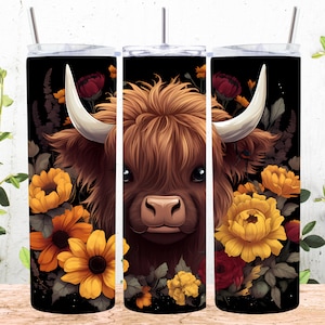 Highland Cow Colorful Sunflowers 20 oz Skinny Tumbler Sublimation Design, Straight And Tapered Tumbler Wrap, Instant Digital Download PNG