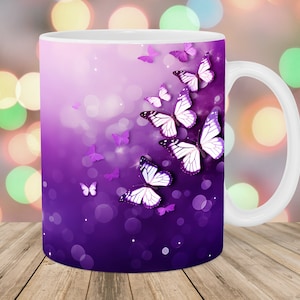 Purple Butterflies Mug Wrap, 11oz And 15oz Mug Template, Mug Sublimation Design, Mug Wrap Template, Instant Digital Download PNG