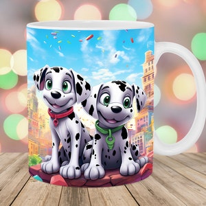 Cartoon Dalmatian Puppies City Mug Wrap, 11oz & 15oz Mug Template, Mug Sublimation Design, Mug Wrap Template, Instant Digital Download PNG
