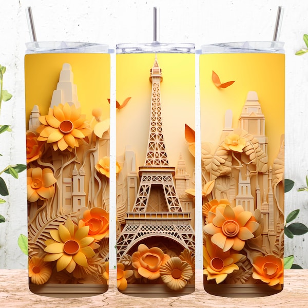 Torre Eiffel 3D Girasoles amarillos 20 oz Diseño de sublimación de vaso flaco, envoltura de vaso recto y cónico, descarga digital instantánea PNG