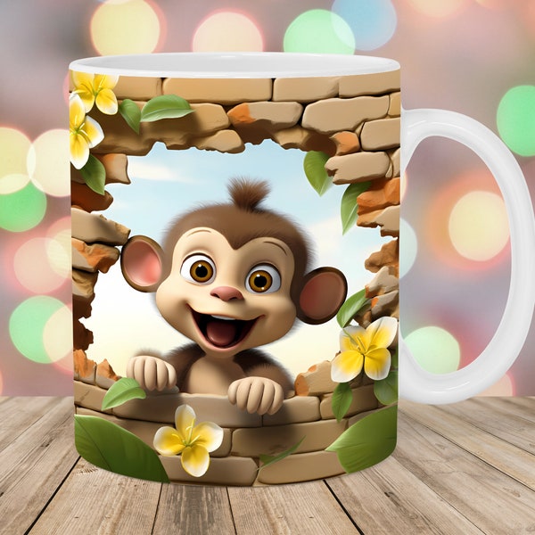 3D Monkey Hole In A Wall Mug Wrap, 11oz & 15oz Mug Template, Mug Sublimation Design, Flower Mug Wrap Template, Instant Digital Download PNG