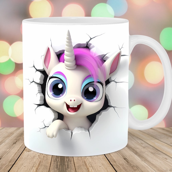 3D Baby Einhorn Loch in einer Wand Becherverpackung, 11 Unzen 15 Unzen Bechervorlage, Becher Sublimationsdesign, Becherverpackung Vorlage, Sofortiger digitaler Download PNG