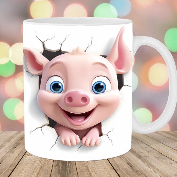 3D Baby-Schwein Becherverpackung, 11 Unzen und 15 Unzen Bechervorlage, Loch in einem Wandbecher Sublimationsdesign, Ferkel Bechervorlage, sofortiger digitaler Download PNG