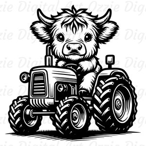 Puede incluir: Una ilustración en blanco y negro de una vaca de las Tierras Altas conduciendo un tractor. La vaca lleva un sombrero de paja y tiene una gran sonrisa en su rostro.