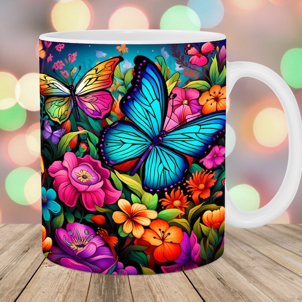 Emballage de tasse de fleurs de papillons colorés, modèle de tasse de 11 oz et 15 oz, conception de sublimation de tasse, modèle d'emballage de tasse, téléchargement numérique instantané PNG