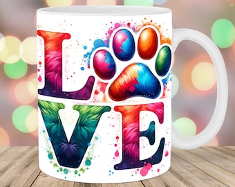 Dog Love Mug Wrap, 11oz And 15oz Mug Template, Dog Mom Mug Sublimation Design, Colorful Paw Mug Wrap Template, Instant Digital Download PNG