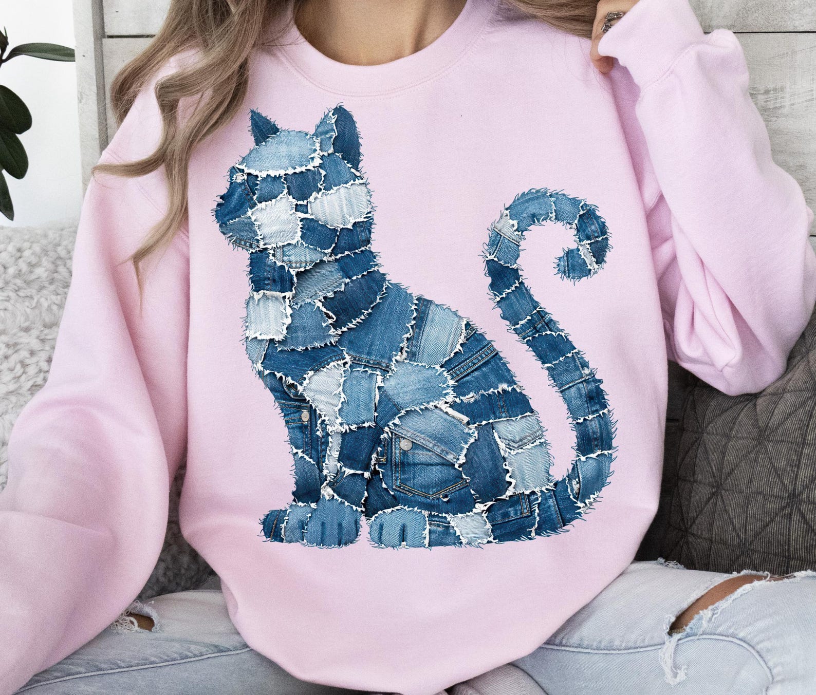 Retro Denim Patch Cat Print Sweatshirt – Funny Animal Graphic Crew 