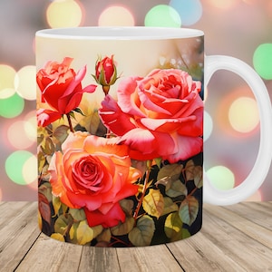 Aquarell rote Rosen Becherverpackung, 11 Unzen 15 Unzen Bechervorlage, Becher Sublimationsdesign, Blumenbecher Wrap Vorlage, sofortiger digitaler Download PNG